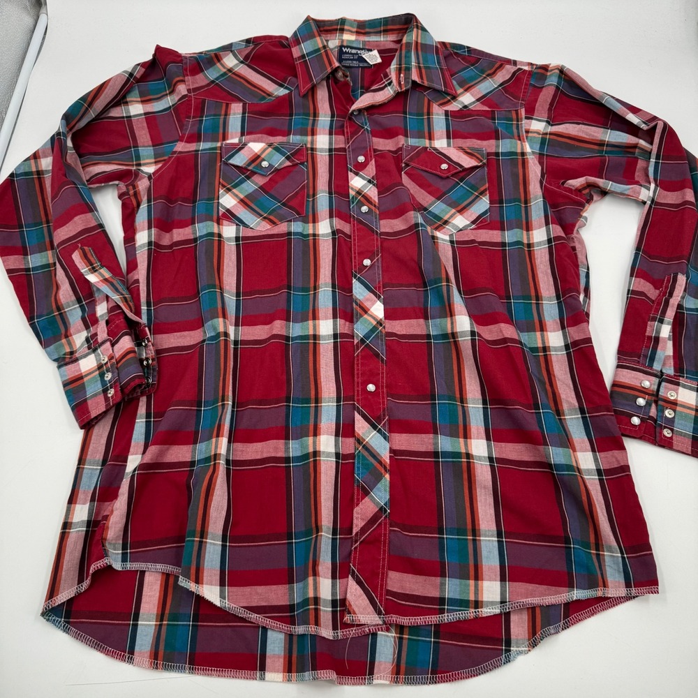 Vintage Wrangler‎ Plaid Western Shirt Cowboy Cut Regular Fit X-Long Tails 17 1/2